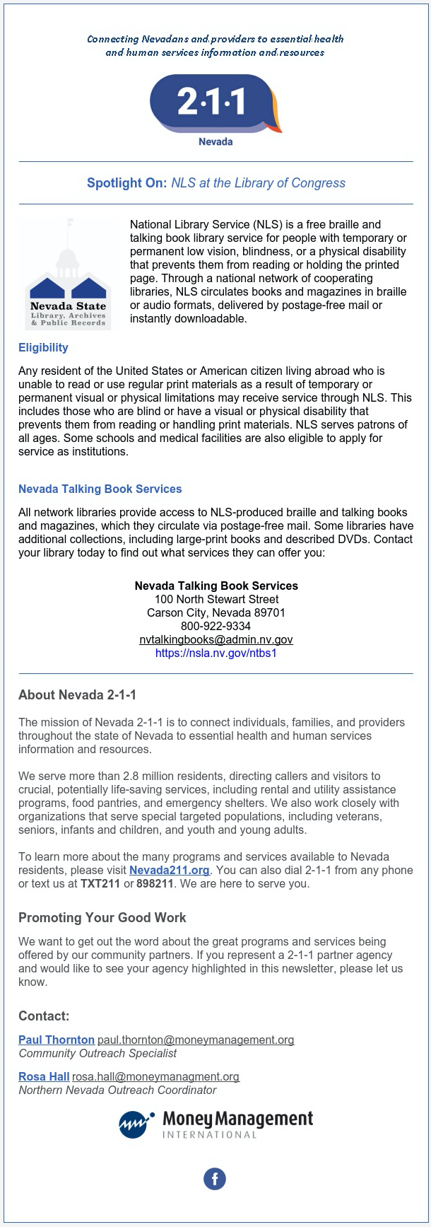Nevada 211 Newsletter April 2020 Honoring Nevada Talking Book Services