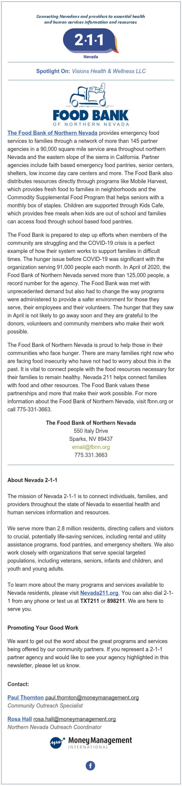Nevada 211 Sept 2020 Newsletter Honoring the Food Bank of Northern Nevada