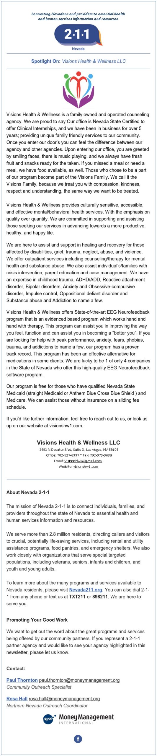 Nevada 211 Sept 2020 Newsletter Honoring Visions Health & Wellness Center