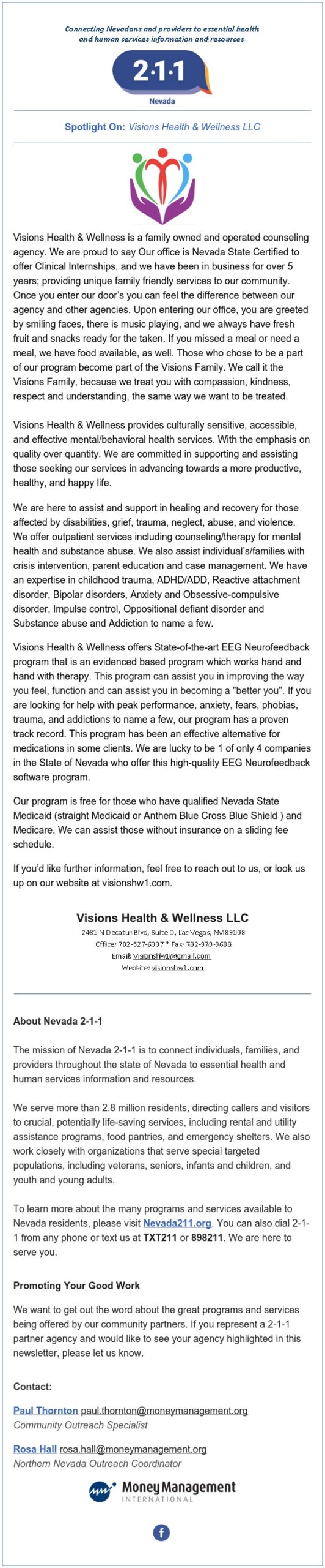 Nevada 211 Sept 2020 Newsletter Honoring Visions Health & Wellness Center