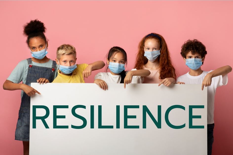 Children holding up a sign that says Resilience